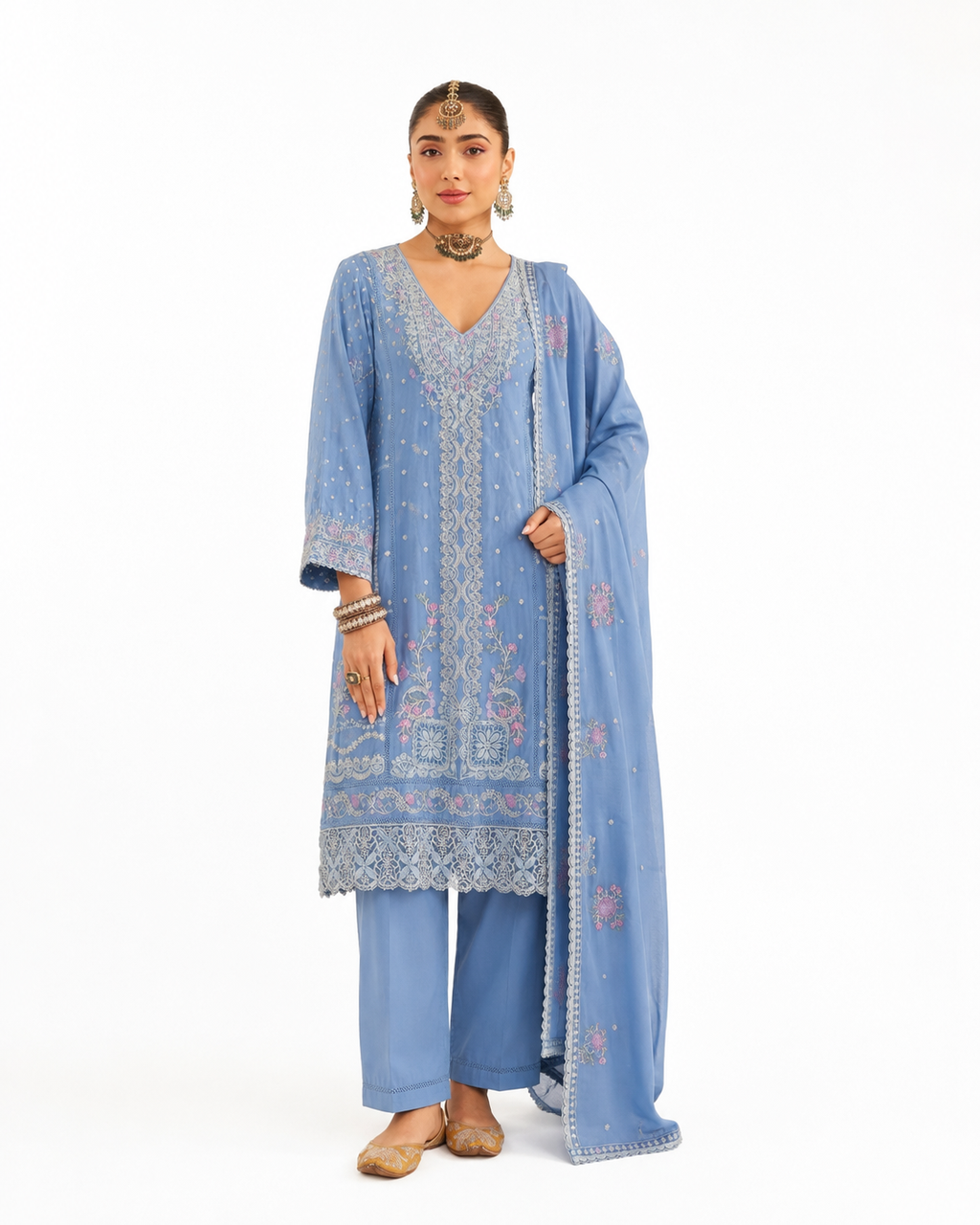 Blue Floral Embroidered