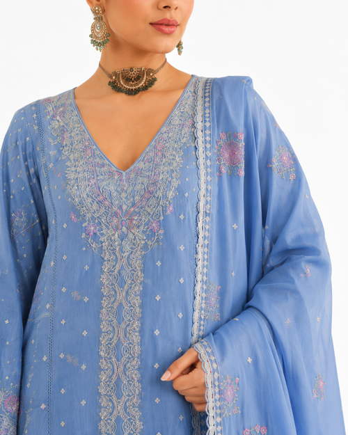 Blue Floral Embroidered
