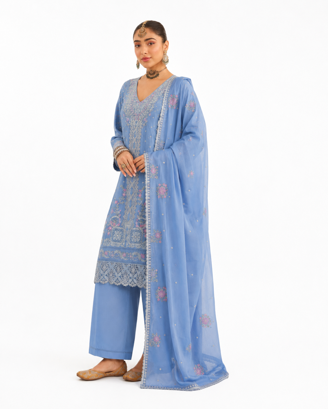 Blue Floral Embroidered