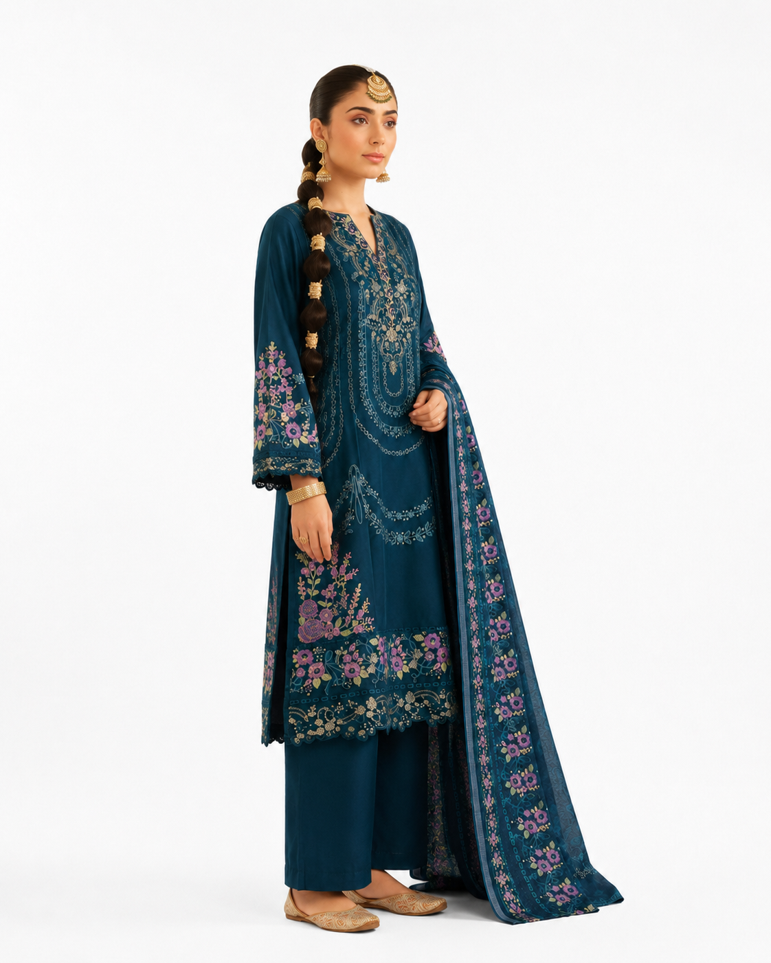 Teal Blue Embroidered