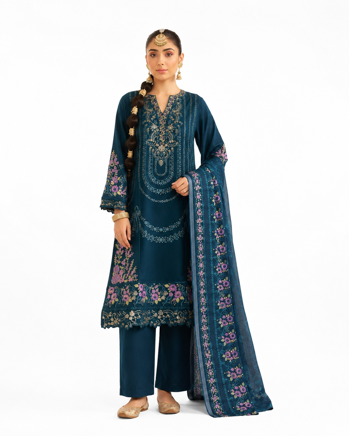 Teal Blue Embroidered